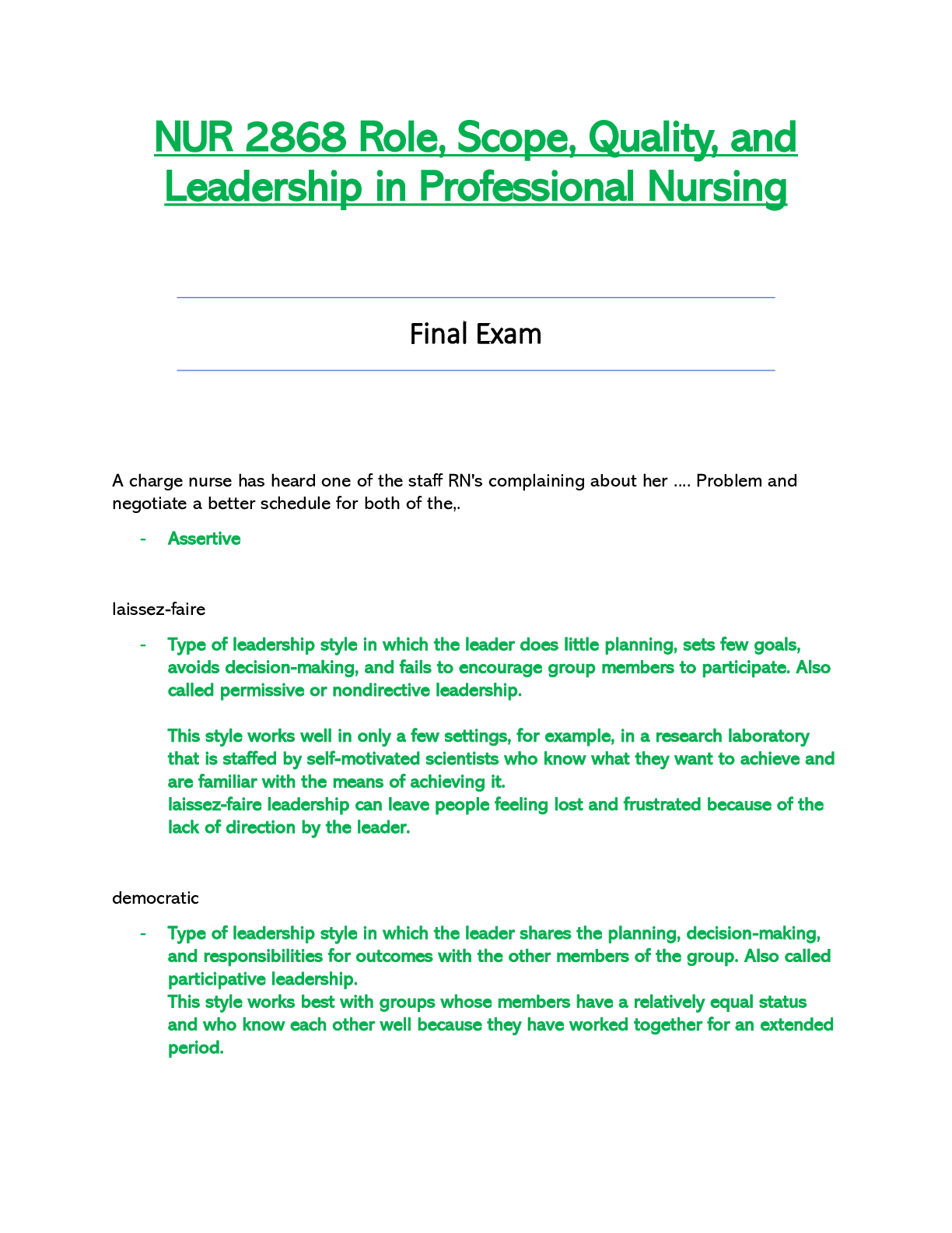 Preview image for NUR 2868 / NUR2868 Final Exam Updated: Role, Scope, Quality & Leadership in Professional Nursing - Rasmussen